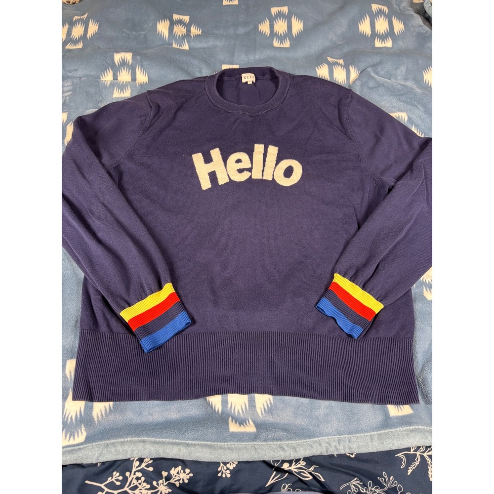 Kule Hello Graphic Navy Blue Sweater Rainbow Striped Cuffs Small